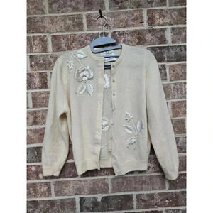 Vintage Dalton 100% Virgin Cashmere Embellished Ivory Cardigan